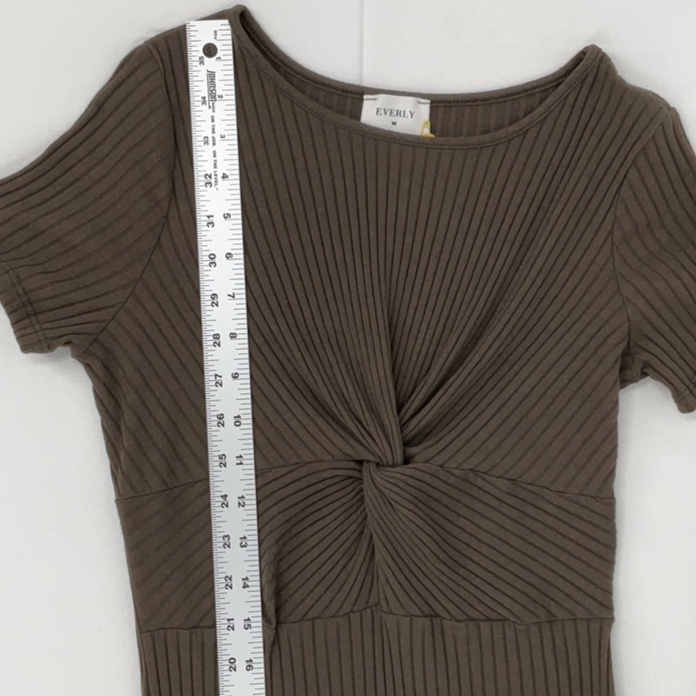 Everly Body Contour Dress Ribbed Twisted Front Olive Green Medium Midi Dress - Picture 8 of 10